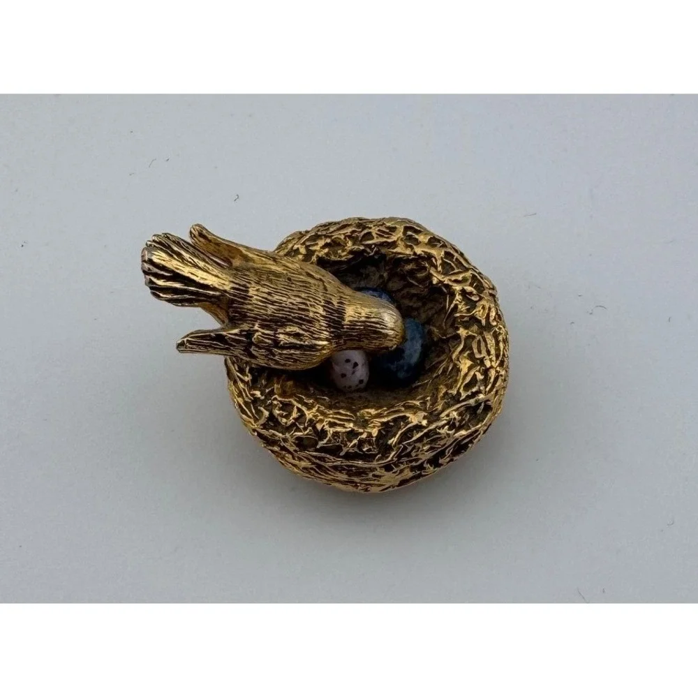 Vintage Gold Tone Bird Nest Make‎ Up Container with Blue Speckled Eggs
